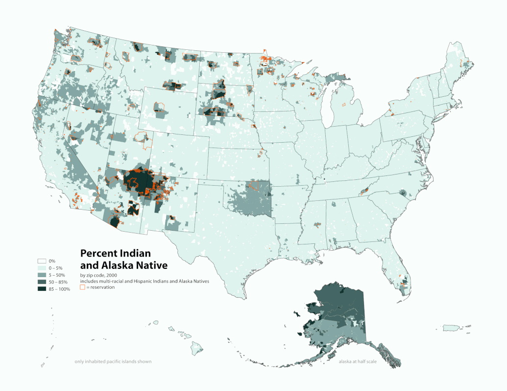Map of Percentage of Indian and Alaskan Natives living in the United States in 2000